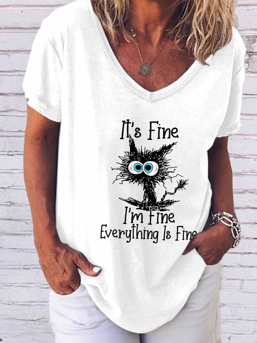 Women's Women's Funny Cat It's Fine I'm Fine Everything's Fine V-Neck T-Shirt