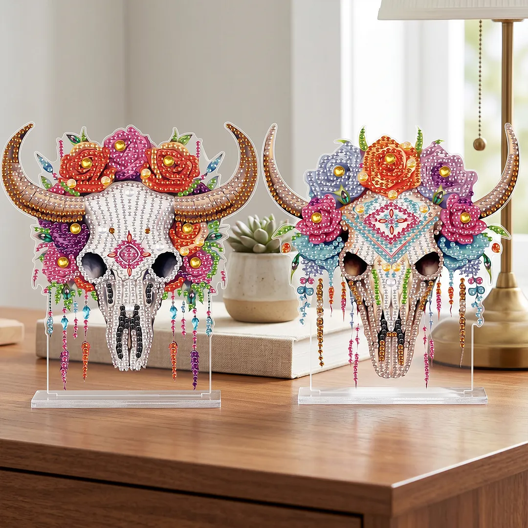 2Pcs DIY Diamond Art Tabletop Ornaments Reusable Special Gem Rhinestone Mosaic Craft Multi-Purpose Diamonds Art Suncatchers Flowers Gift for Craft Lovers (Floral Bull Skulls)