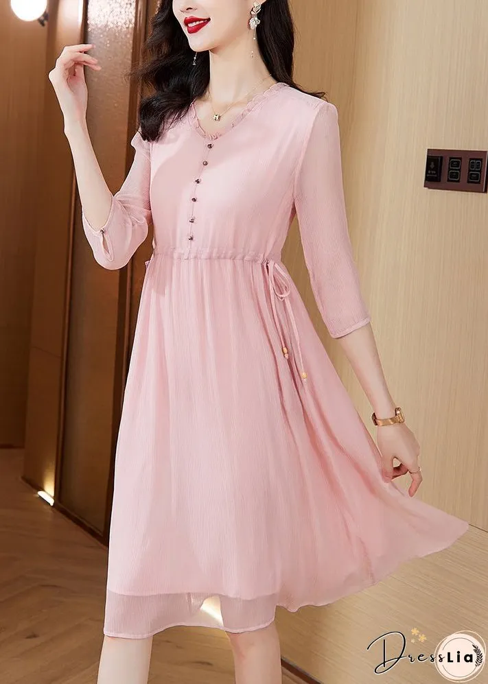 Style Pink V Neck Drawstring Chiffon Mid Dresses Summer