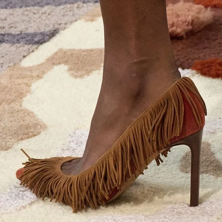 Women'S Brown Velvet Pumps Vintage Pointed Toe Fringe Shoes Office Stiletto Heels |FSJ Shoes
