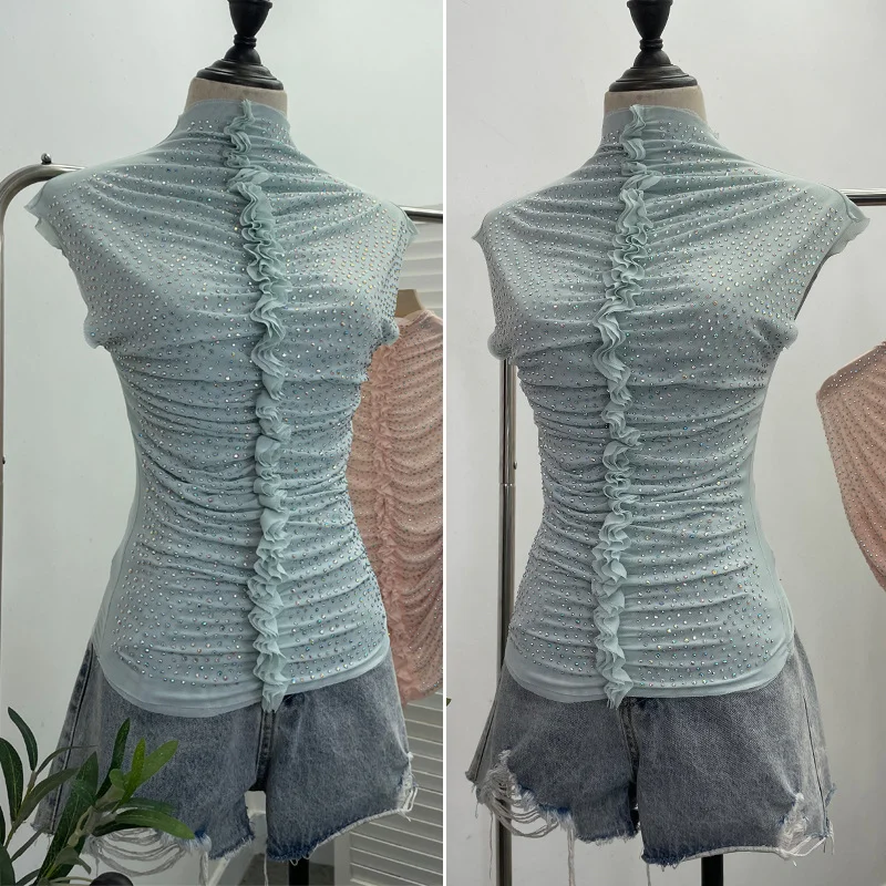 Uveng Drilling Sleeveless Vest Wearing Half-High Neck Net Yarn Slime Folded T-Shirt Blouse Female 2589