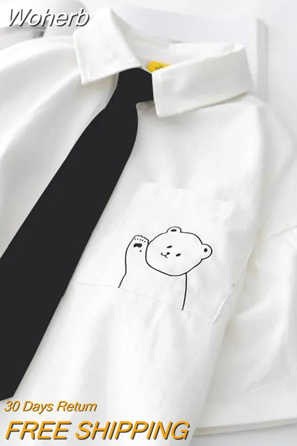 Woherb Women's Blouse 2023 White Shirt with Tie Short Sleeve Print Summer Top Female Japan Preppy Style JK Uniform Blouses
