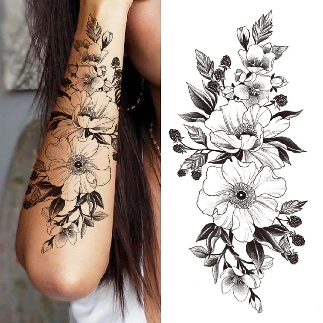 3D Flower Temporary Tattoo For Women Girls Beauty Lily Rose Tattoo Sticker Fake Tiger Blossom Orchid Peony Blooming Tatoos Black