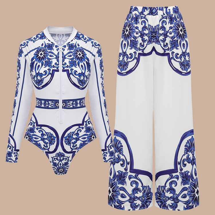 Surfing Wetsuit Classic Majolica Series Pattern Print One Piece Swimsuit and Pants or Shorts