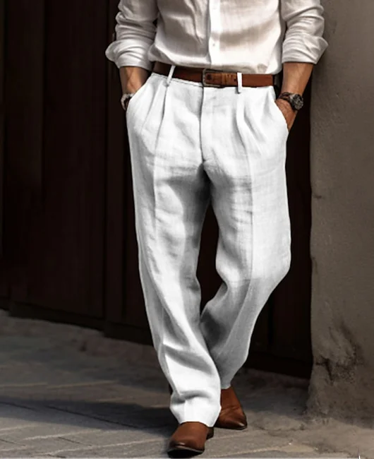 Casual Straight Leg Pockets Solid Linen Pant 