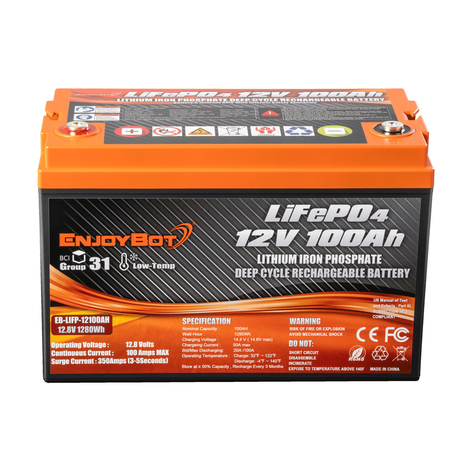 12V 100Ah Enjoybot LiFePO4 Lithium Battery | Group 24 & 31