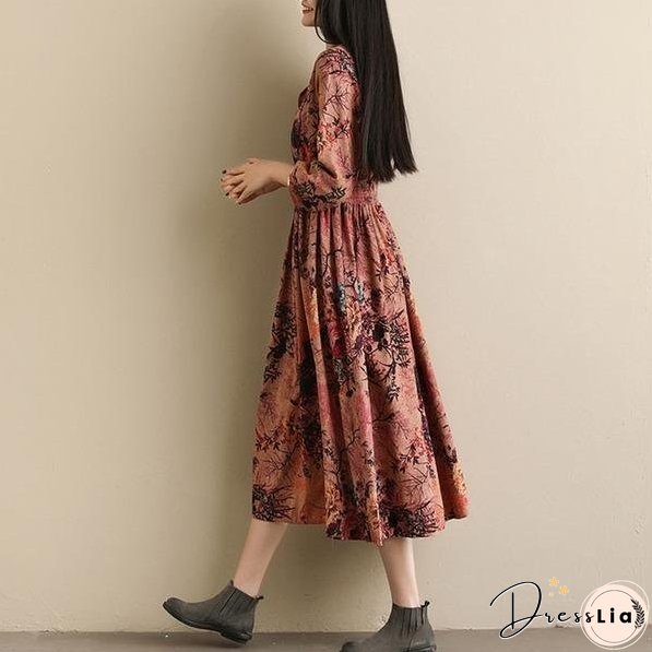 Vintage Style V-neck Print Elastic Waist Elegant A-line Ladies Casual Dress