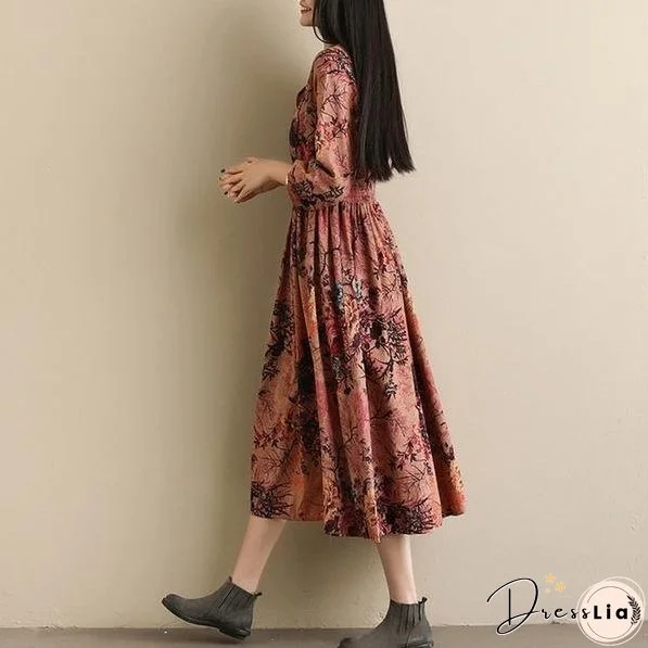 Vintage Style V-neck Print Elastic Waist Elegant A-line Ladies Casual Dress
