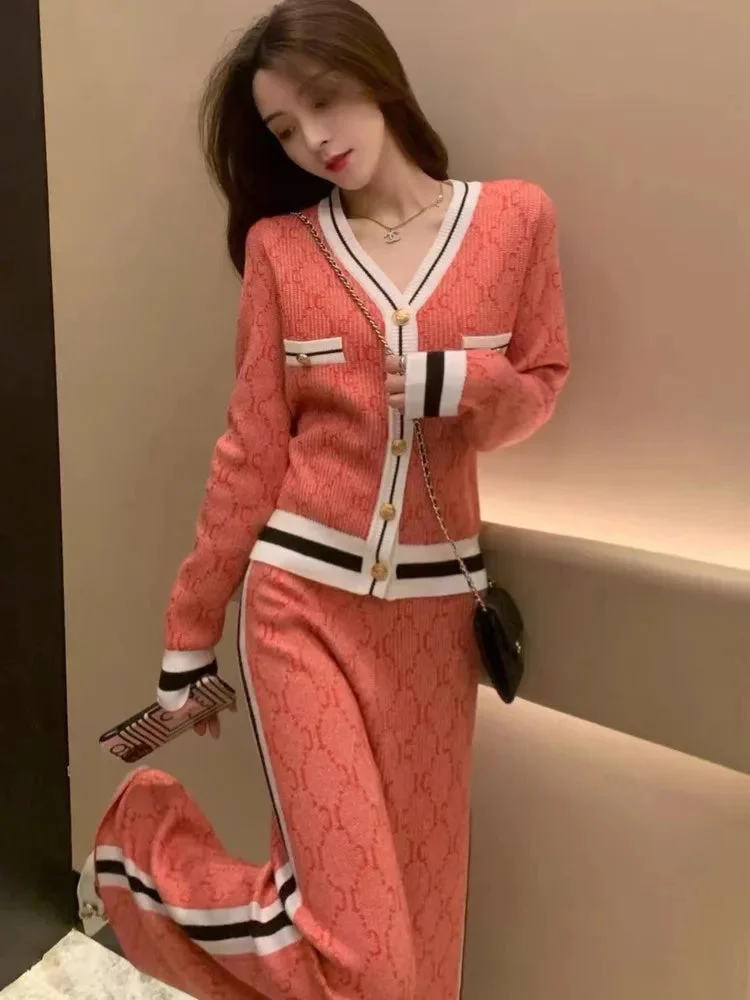 Huiketi Fragrance Knitted 2 Piece Sets Autumn Women's Luxury Designer V-Neck Cardigan Coat + High Waist Casual Pants Suits Outfits