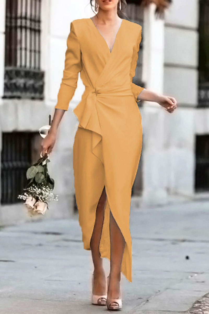 Elegant Solid Asymmetrical V Neck Pencil Skirt Dresses(6 Colors)