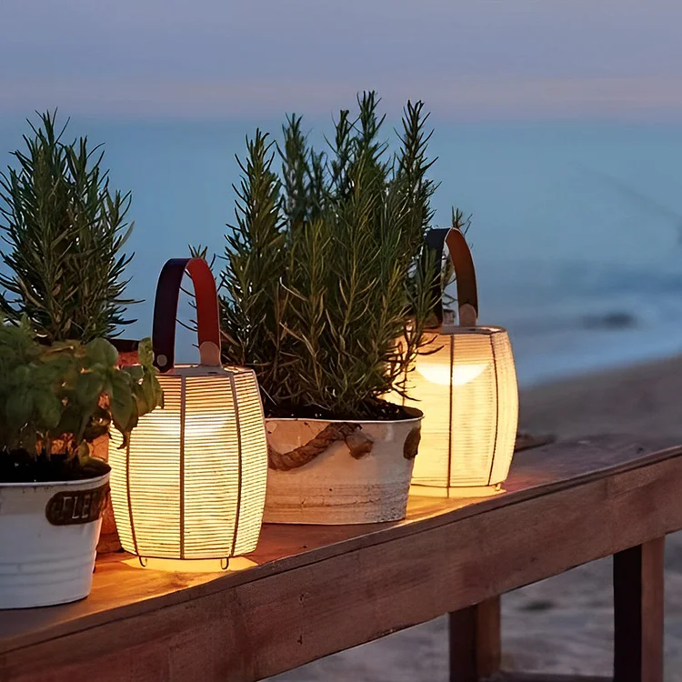 Portable Lantern Rattan LED Waterproof Solar Outdoor Lights Floor Lamp