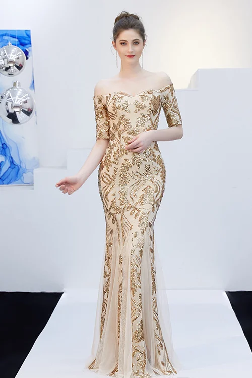 Luluslly Off-the-Shoulder Half Sleeves Evening Dress Mermaid Sequins Long YE0096