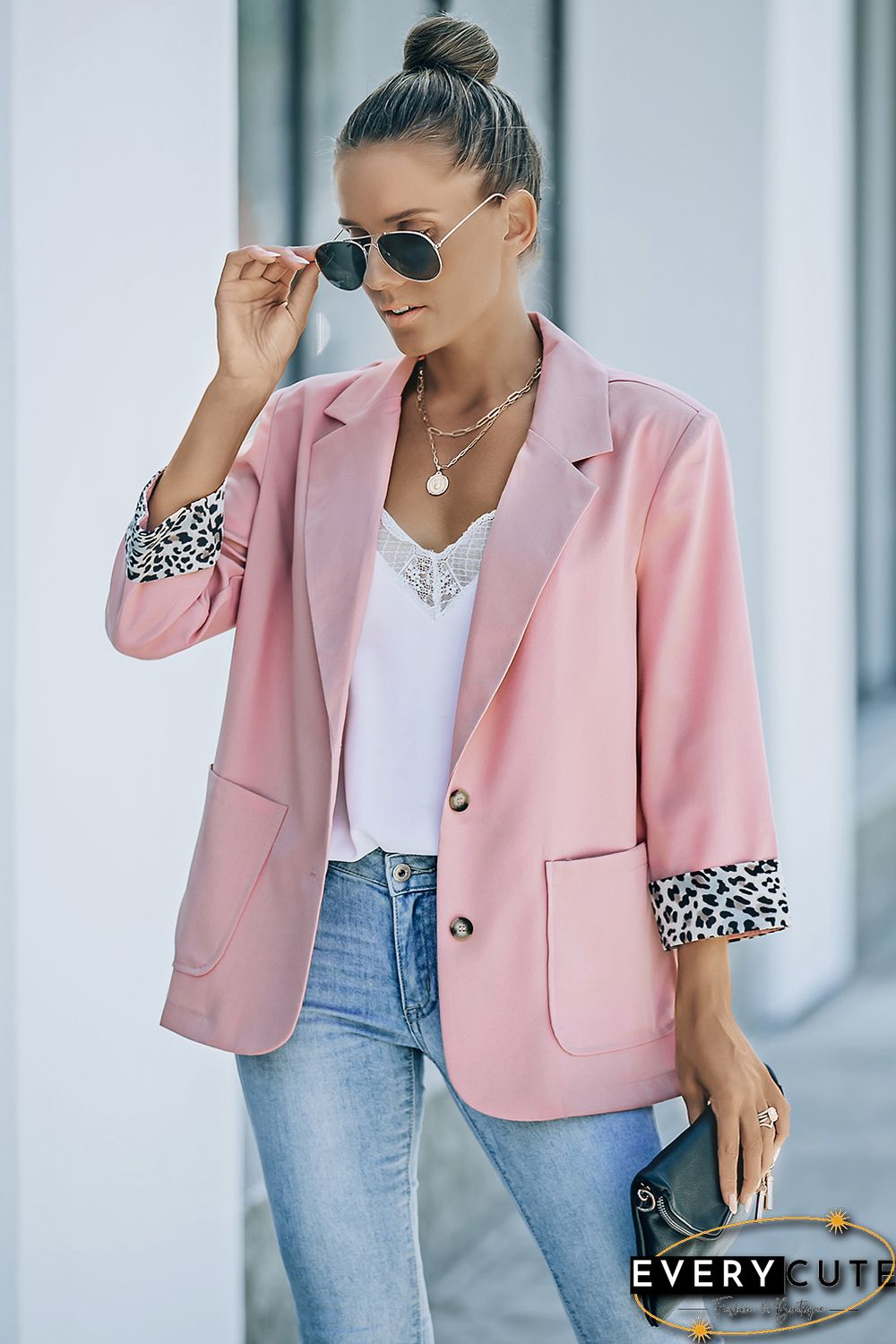 Pink Leopard lined Lapel Collar Blazer