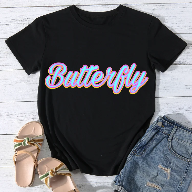 Neon Butterfly Text Print Women Round Neck T-shirt - BSTCA0029