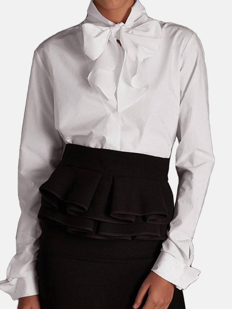 Solid Color Bowknot Collar Long Sleeve Shirt For Women P1733651
