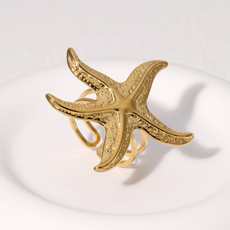 Beach Holiday Style Starfish Ring Personality Exaggerated Ins Style Open Stainless Steel Ring Female