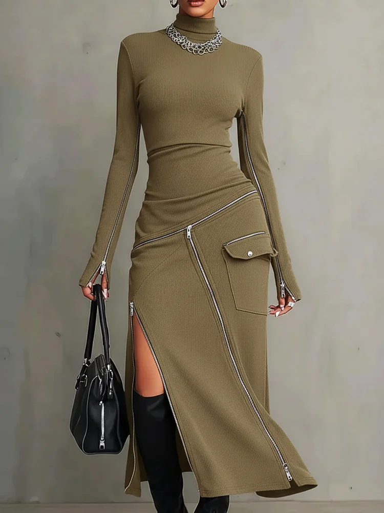 Stylish Casual Zipper Design Tops And Irregular Skirt Stretch Set