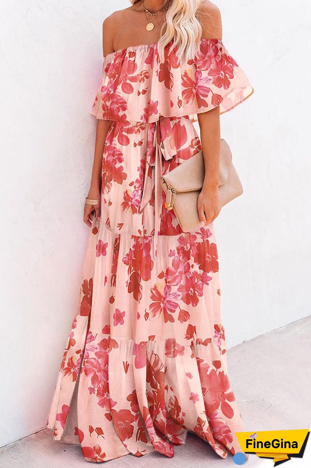 Plus Size Pink Print Off Shoulder Maxi Dress