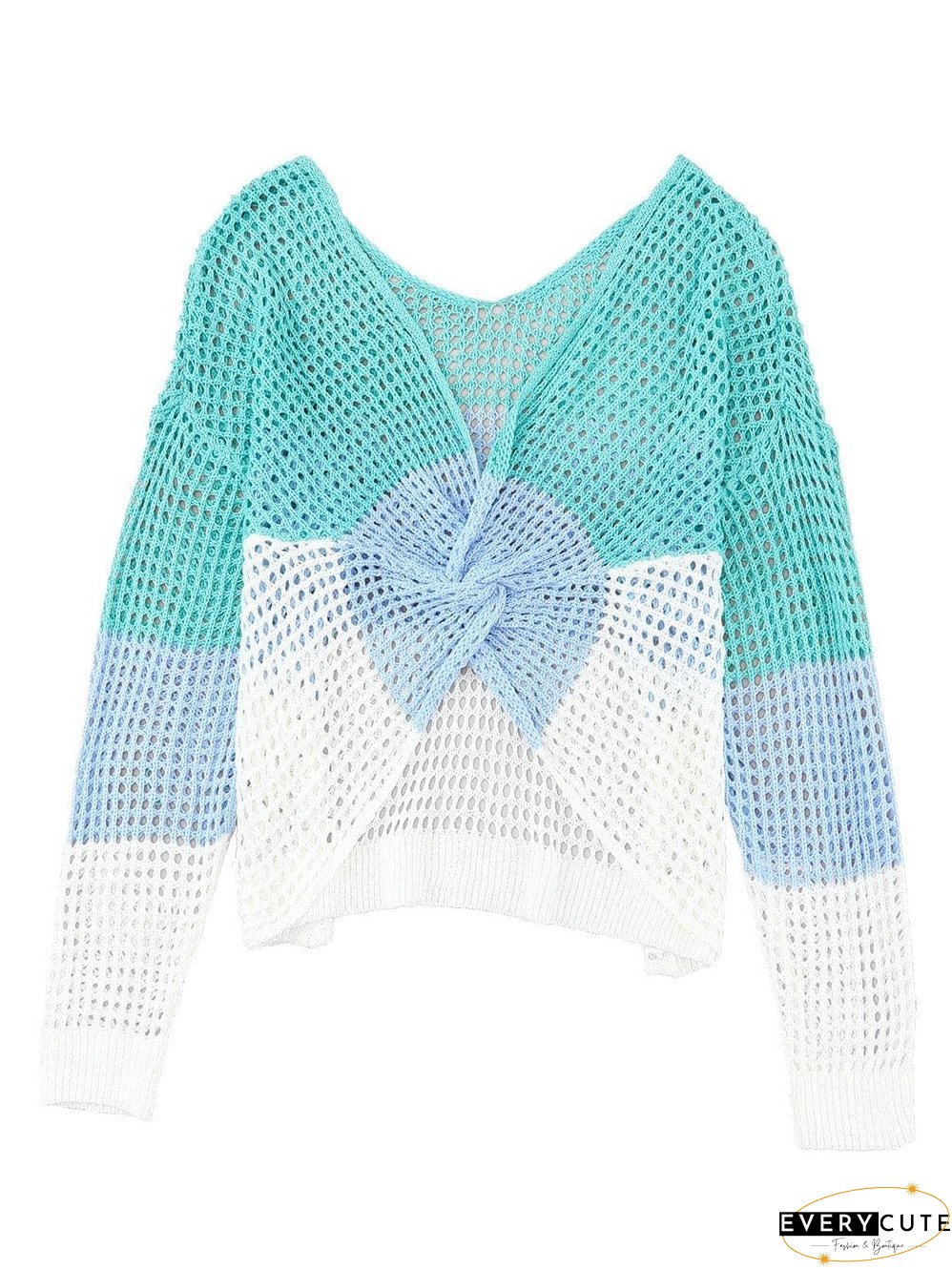 Colorful Eyelet Twist Back Knit Top with Long Sleeves