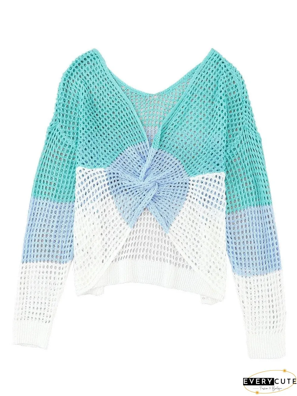 Colorful Eyelet Twist Back Knit Top with Long Sleeves
