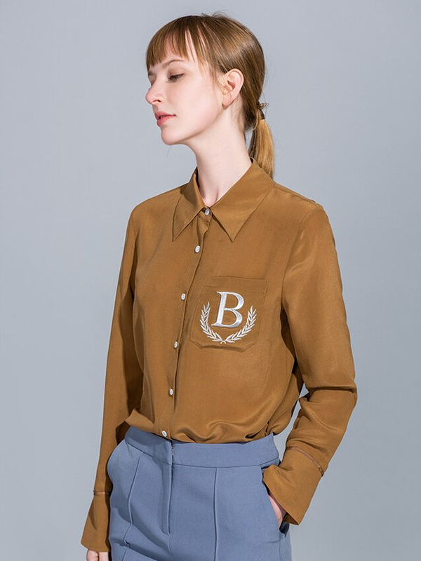 Brown Silk Blouse Women's Embroidery Top