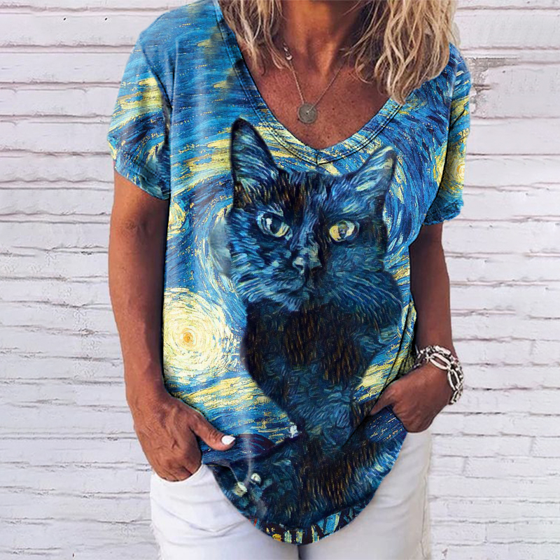 wearshes Classic V Neck Oil Painting Cat Print T-Shirt