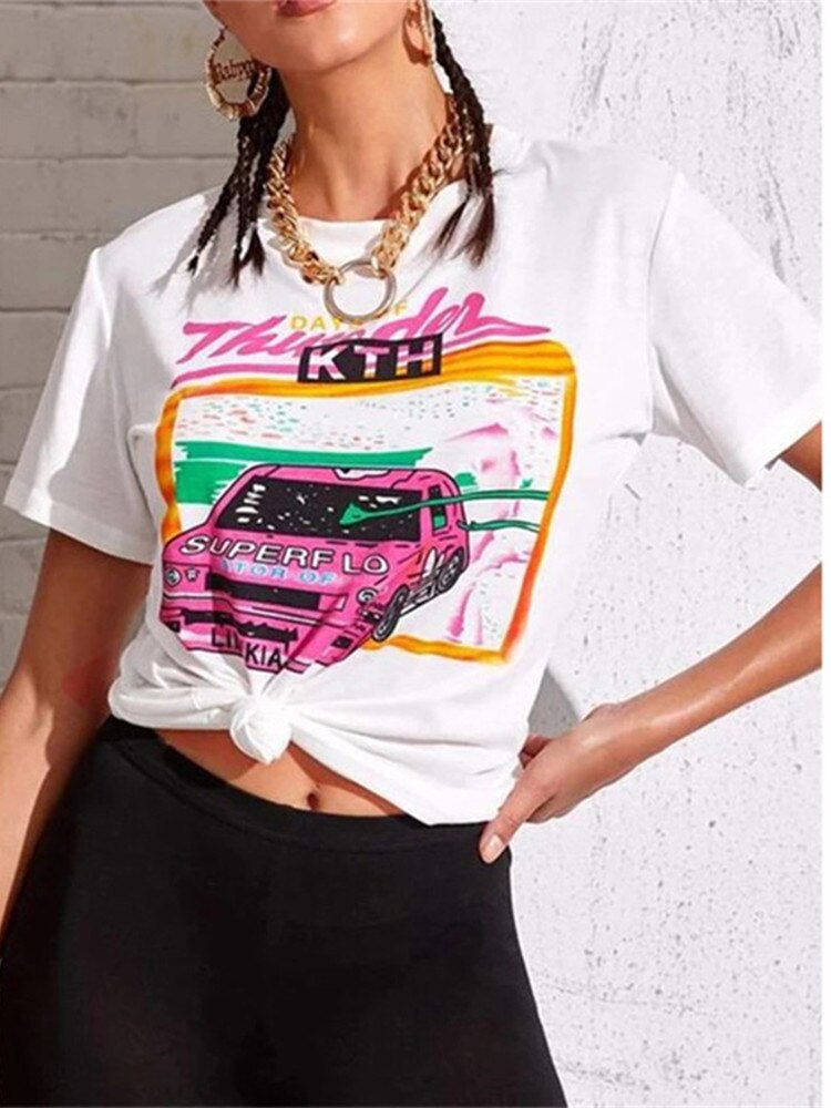 White Car Print Graphic Tee Women O Neck Short Sleeve Oversized Loose Casual T Shirt New Fashion Tops 2021 Summer England Style