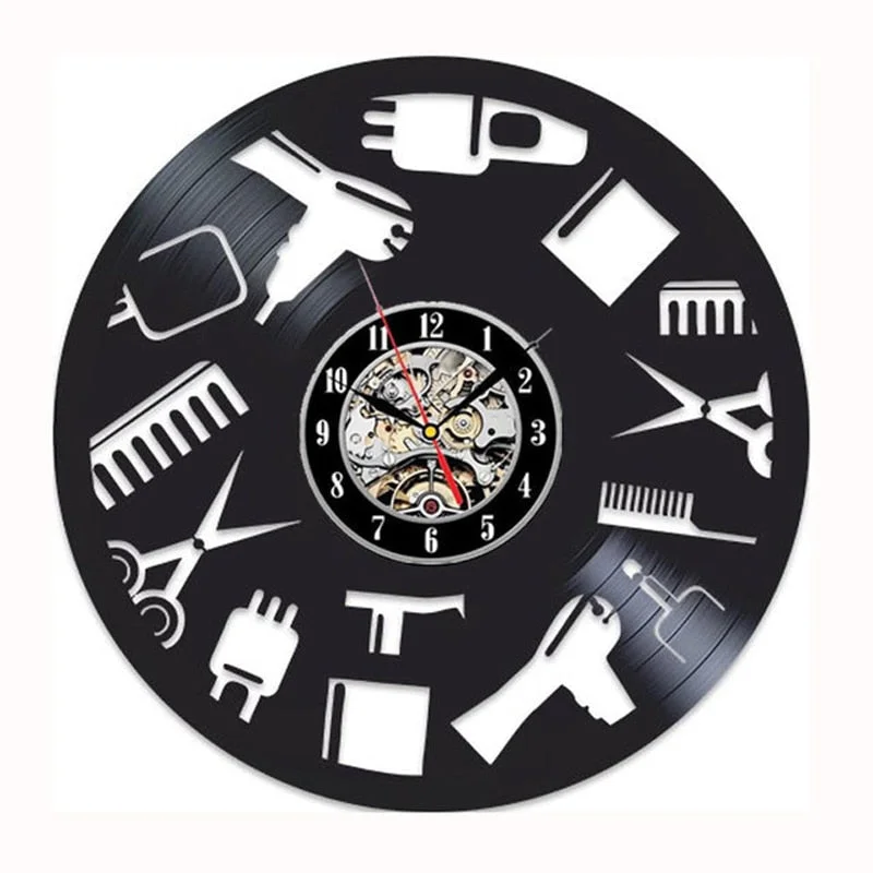 Barber Shop Wall Clock Modern Barbershop Decoration Vinyl Record Wall Clock Hanging Hairdresser Wall Watch for Barber Salon