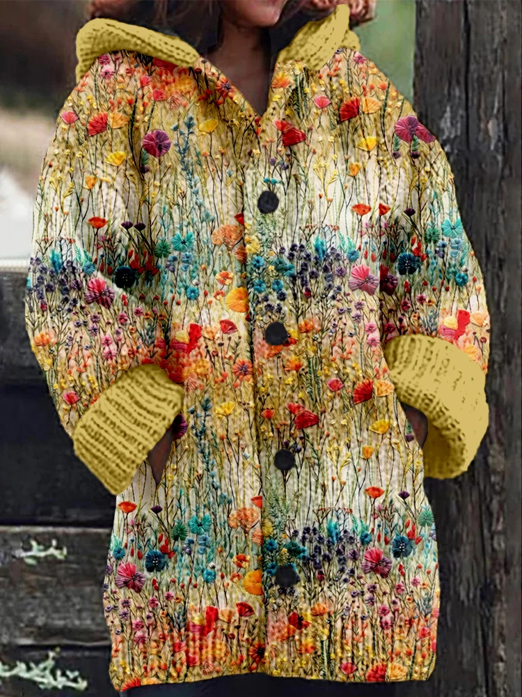 Beautiful Wildflower Embroidery Art Cozy Hooded Cardigan