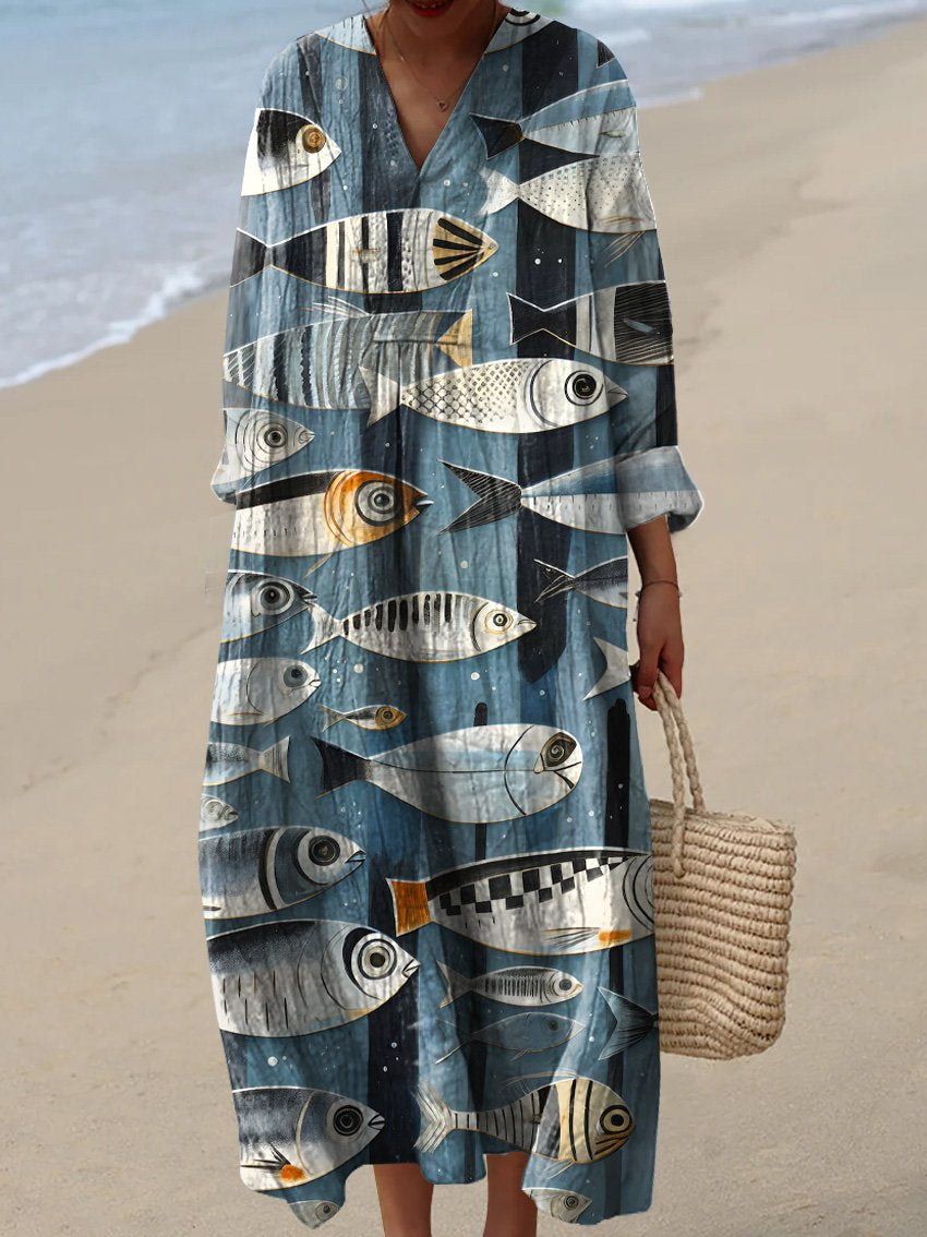 Vintage Style Sardine Fish Swarm Art Printed Women's Flowy Dress