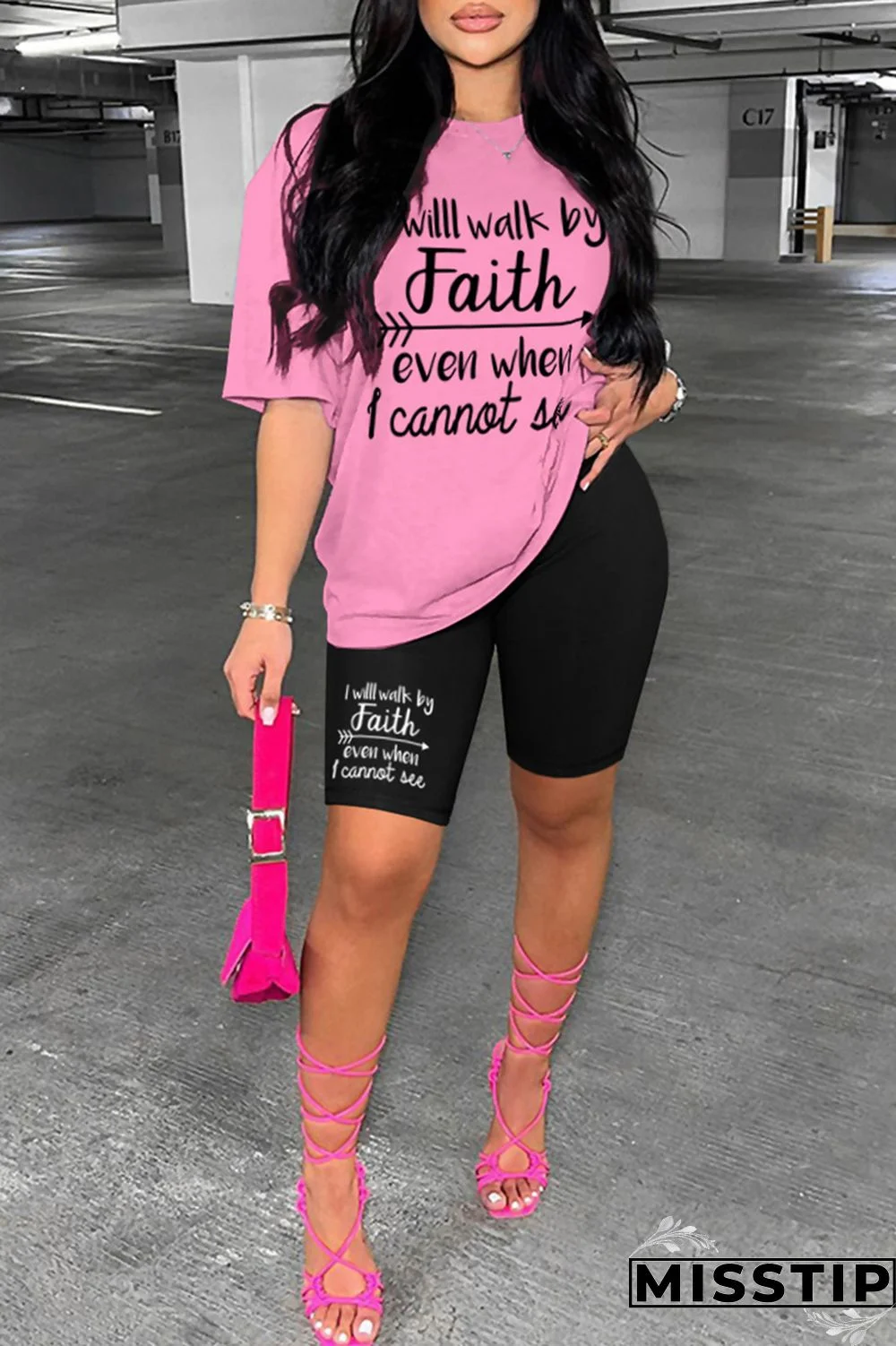 Rose Red Casual Letter Print Basic O Neck Short Sleeve Two Pieces