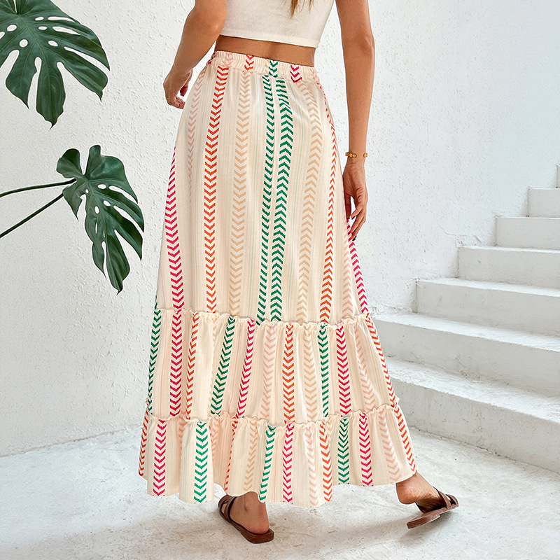 Women's Summer Boho Maxi Skirt, Tiered Design with Colorful Printed & Elastic Waist