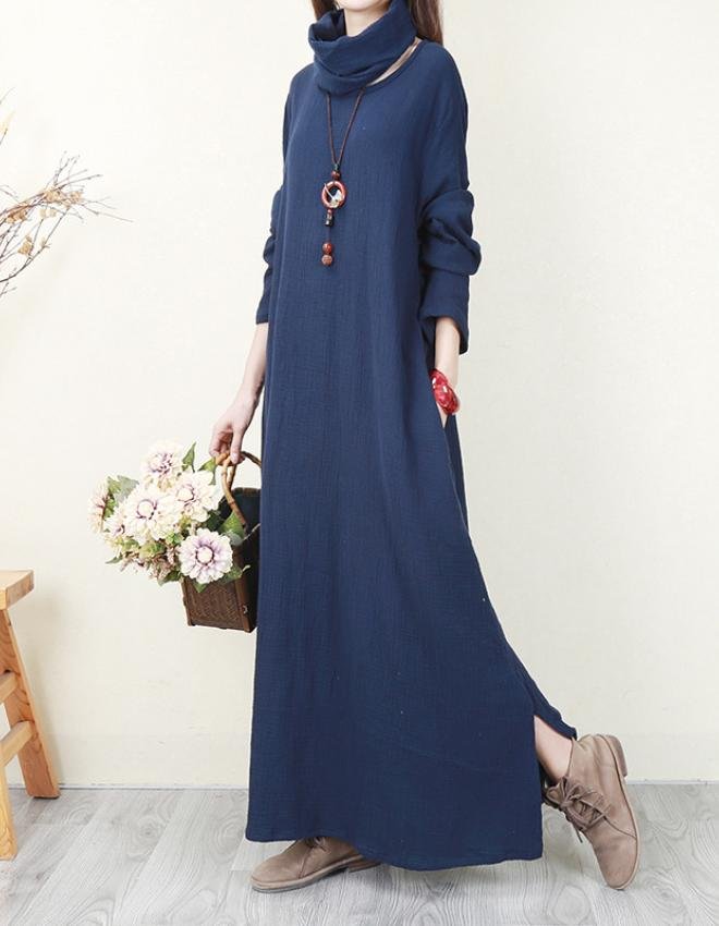 Long-sleeve All-match Loose Basic Long Cotton Dresses（Gift scarf）