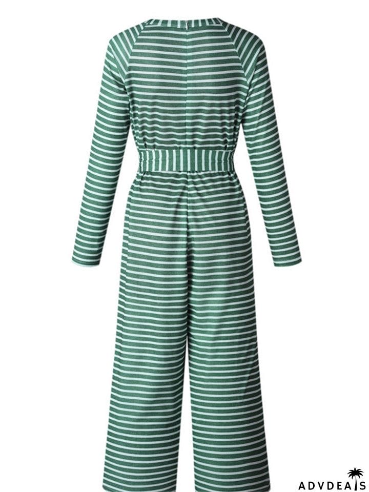 Women's Boho Striped Long Sleeve Round Neck Lace Up Rompers