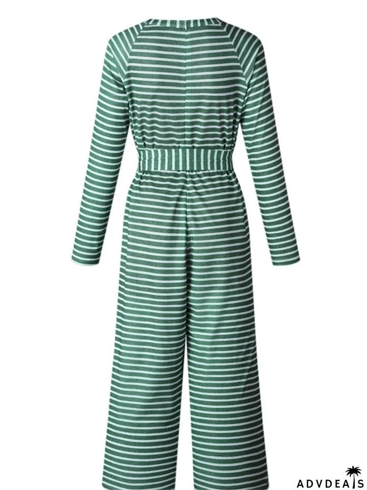Women's Boho Striped Long Sleeve Round Neck Lace Up Rompers