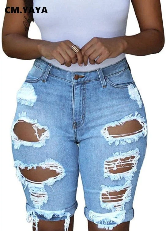 Women New Winter Hole Ripped High Waist Casual Zipper Fly Knee Length Jeans High Streetwear Denim Shorts Fashion Pants