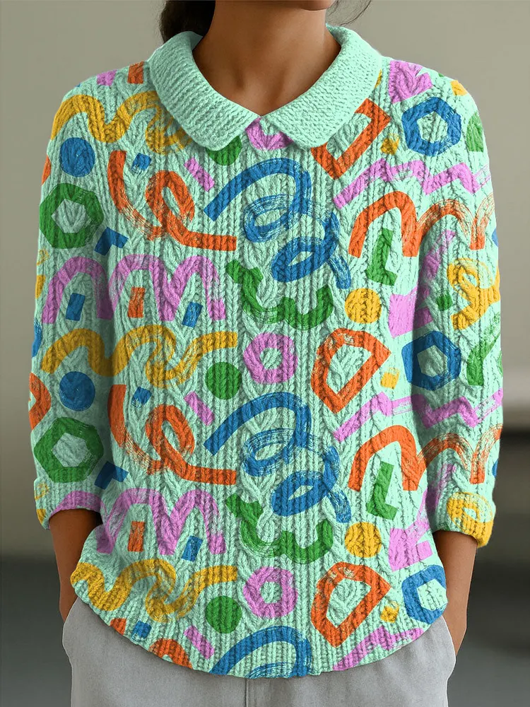 Women's Geometric Color Contrast Splicing Abstract Casual Print Peter Pan Collar 3/4 Sleeve Sweater