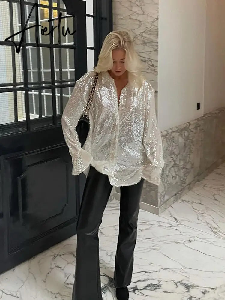 Aiertu Turn-down Collar Sequin Woman Blouses White Long Sleeve Casual Elegant Blouses Women Spring Loose Fashion Plus Size Tops Aiertu