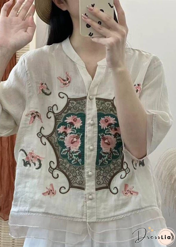 Retro Orange V Neck Embroideried Button Patchwork Linen Shirts Half Sleeve