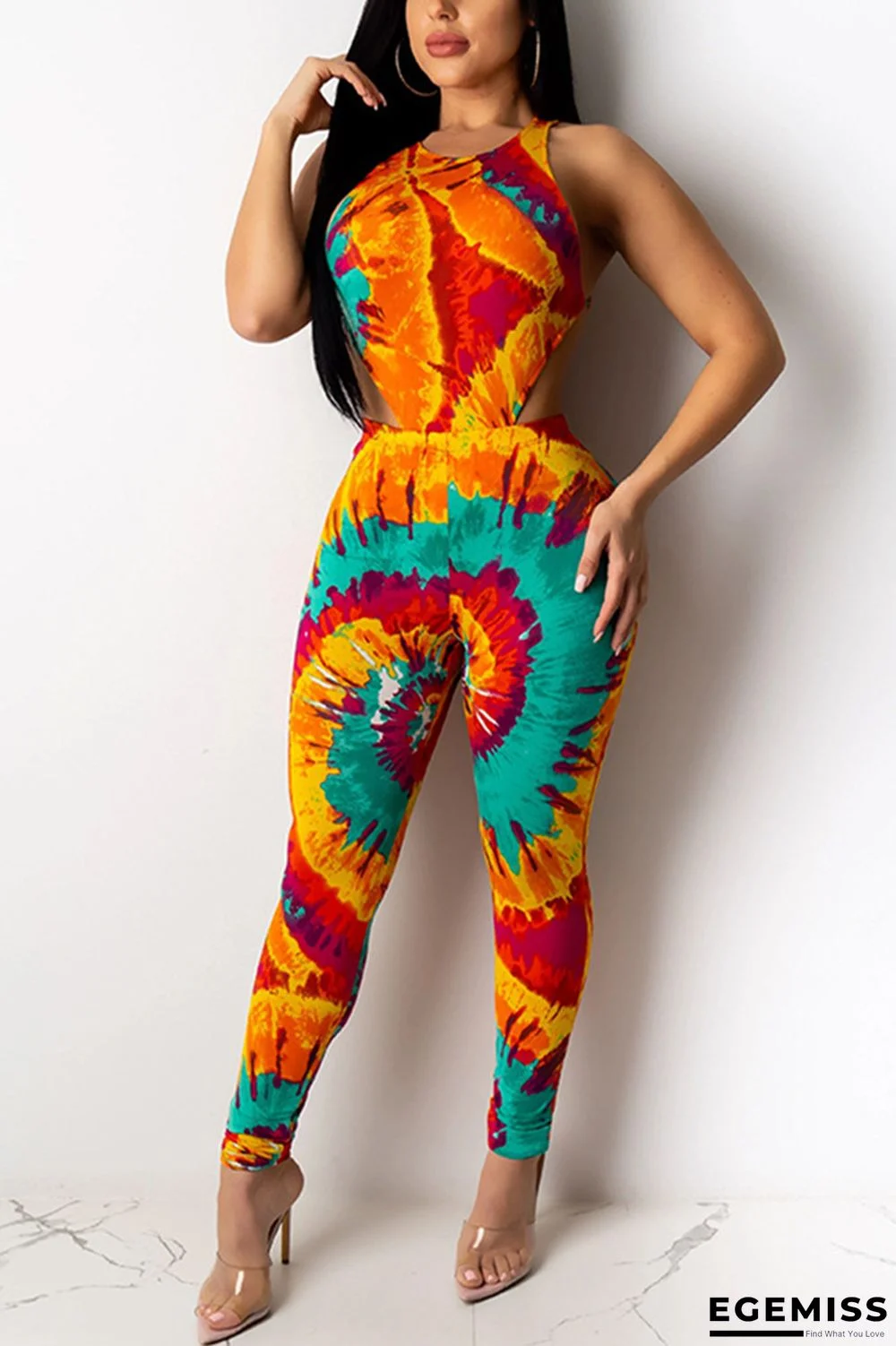 Orange Fashion adult Sexy contrast color Patchwork Tie Dye Print Gradient pencil Sleeveless | EGEMISS