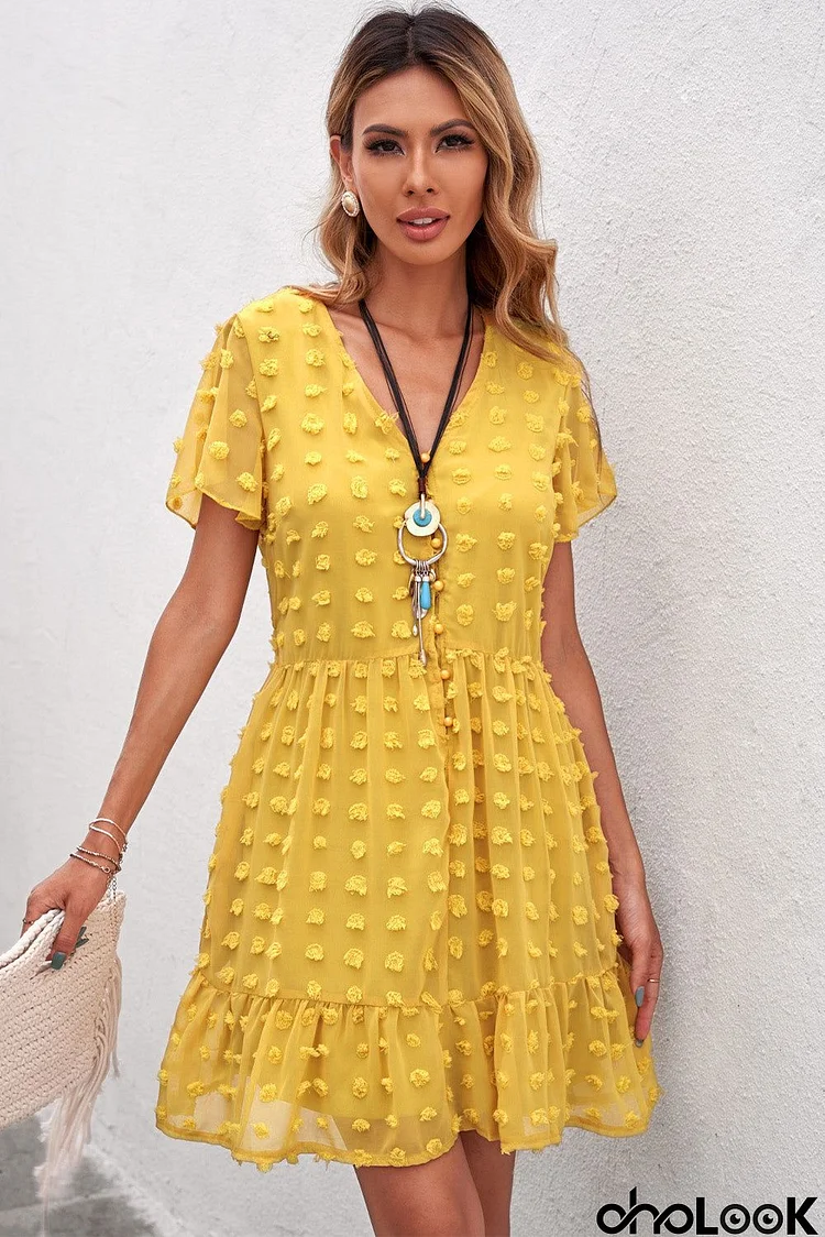 Modest Yellow Polka Dot V Neck Ruffled Short Sleeves Mini Dress