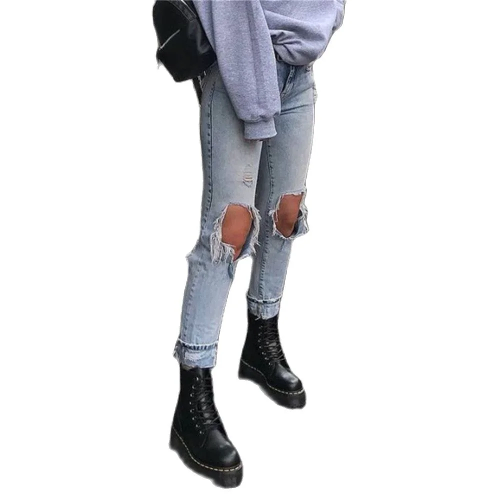 Sonicelife Woman Jeans High Waist Pencil Pants Fashion Harajuku Streetwear Holes Sexy Jeans