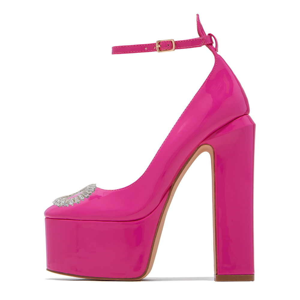 Stylish Patent Leather Ankle Strap Platform Pumps with Rhinestone Nicepairs