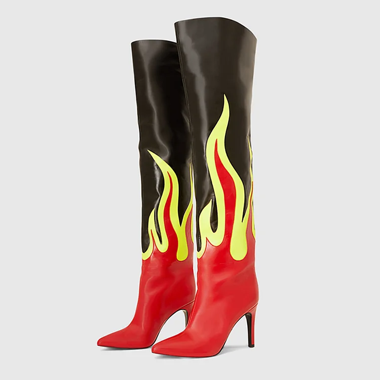 Red Pointed Toe Over The Knee Heel Boots Flame Black Stiletto Boots |FSJ Shoes