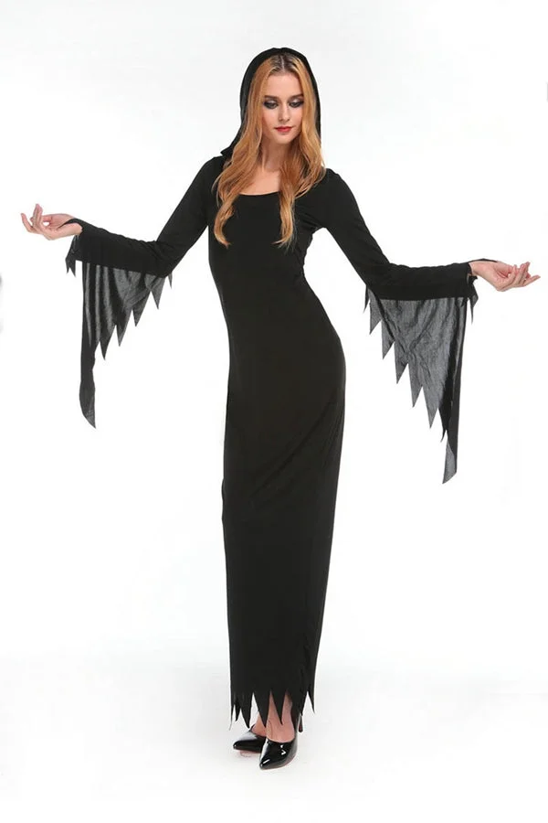Womens Adult Long Bell Shaped Sleeve Halloween Witch Costume Black-elleschic