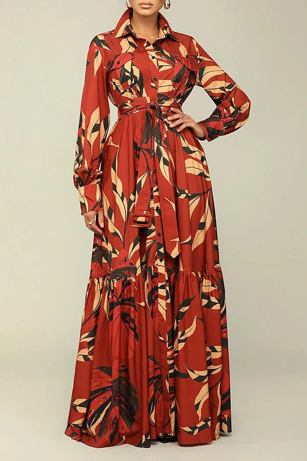 Leaf Print Feminine Single Breasted Belted Maxi Dress