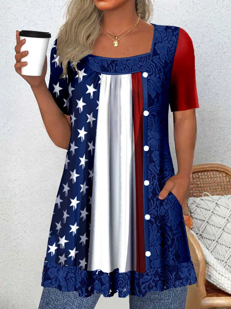 Women's Short Sleeve Scoop Neck Graphic Star Printed Lace Tops