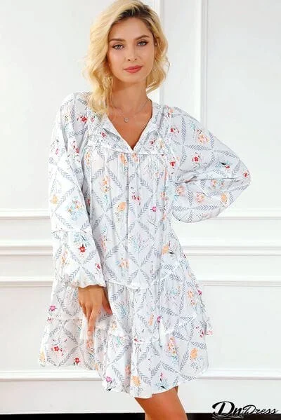 Printed Tie Neck Balloon Sleeve Tiered Dress