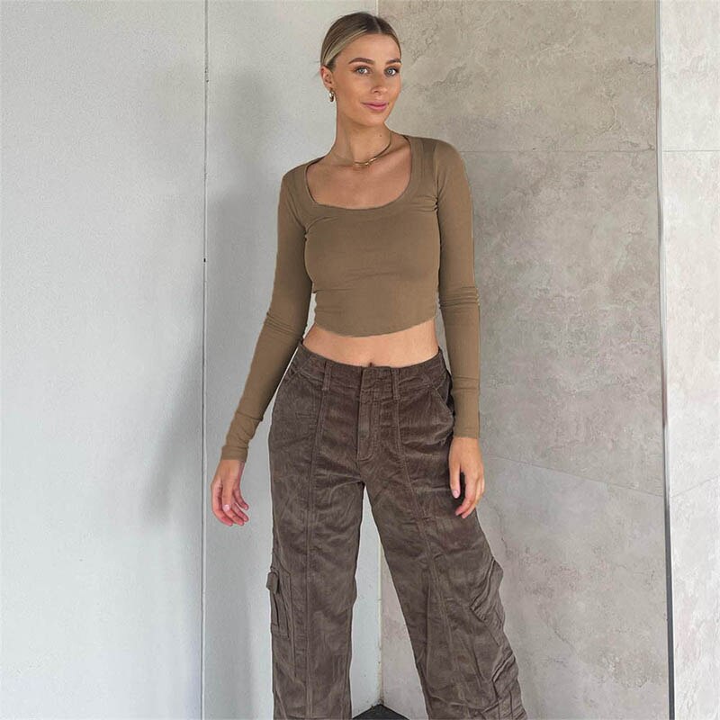 Mapsjack Neck Ribber Knitted Long Sleeve Crop Top Women Stretch Value 2025 Solid Autumn Skinny Basic Casual T Shirt Black Tees Y2K Tops