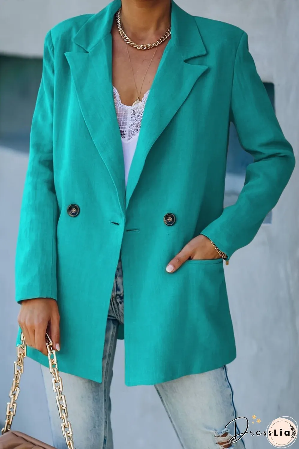 Double-Breasted Padded Shoulder Blazer with Pockets
